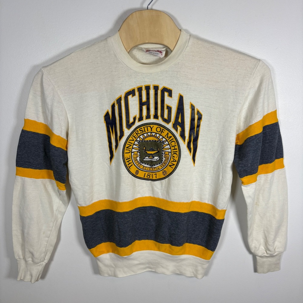 Vintage Nutmeg Mills University of Michigan Sweatshirt White Striped USA Made S